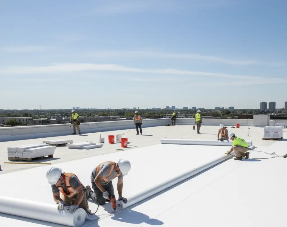 Large crew rolling out white TPO membrane on commercial rooftop with city skyline