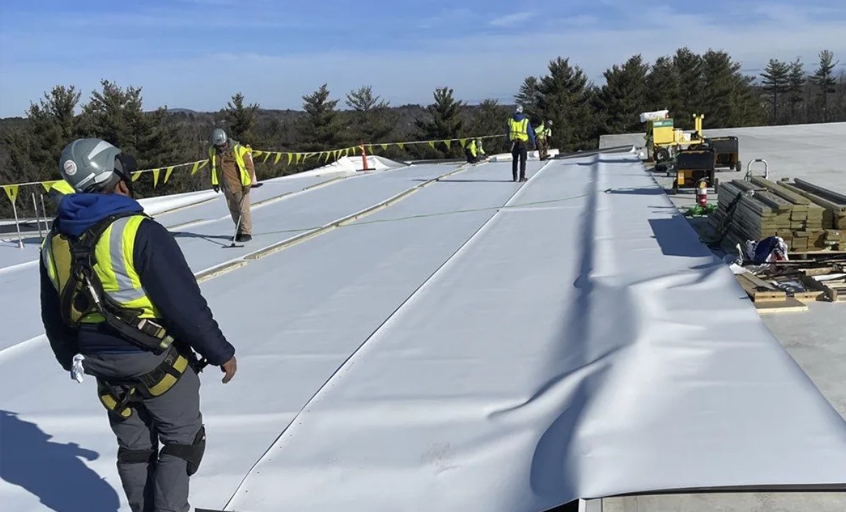 Workers laying TPO membrane sheets on large commercial flat roof with tree line