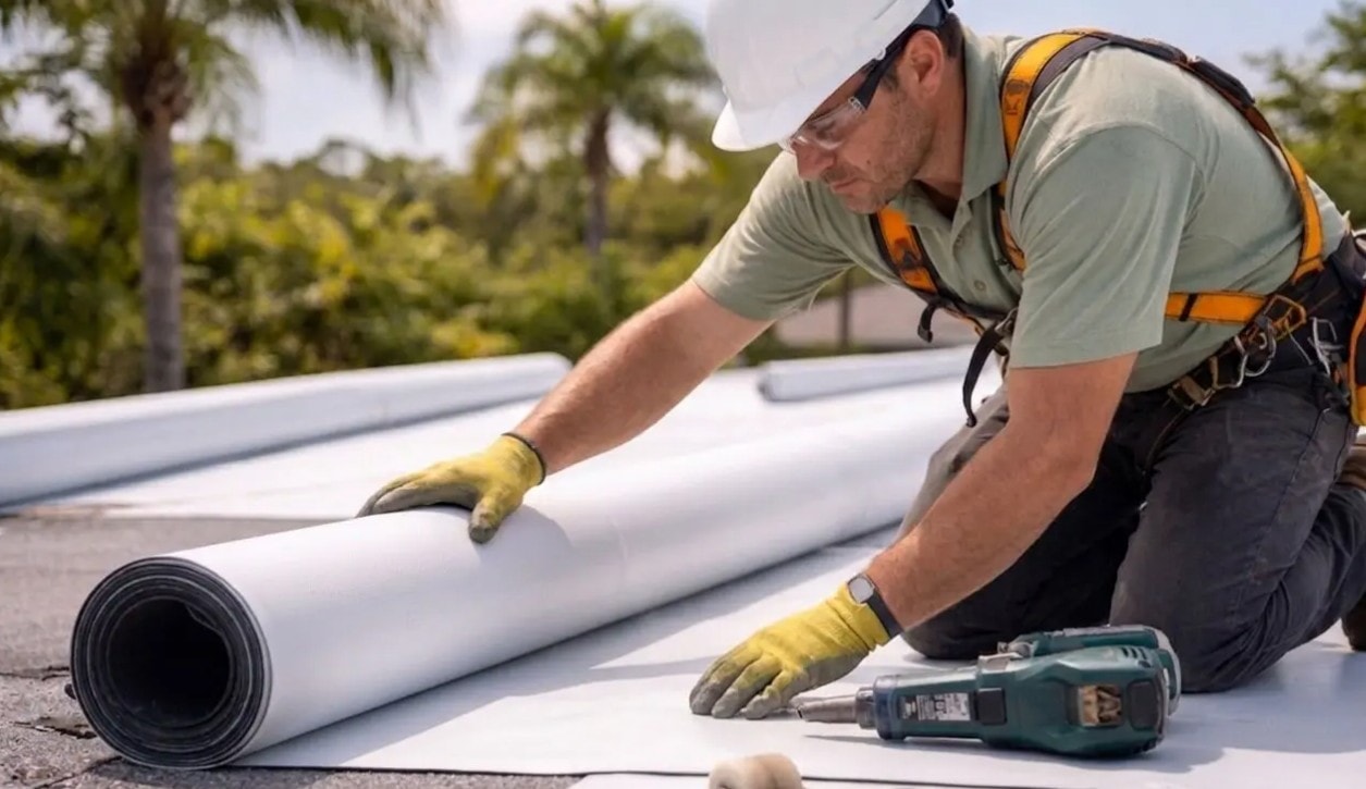 Roofer unrolling white TPO membrane roll on flat commercial roof with palm trees