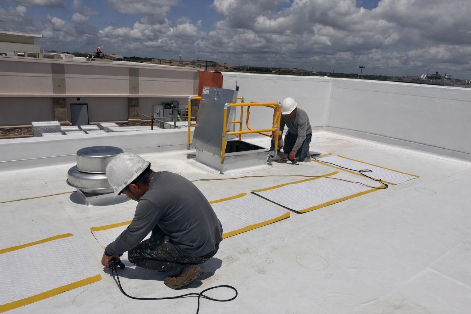 Crew completing TPO flat roof installation on commercial building